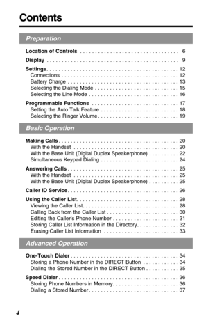 Page 4Preparation
Location of Controls. . . . . . . . . . . . . . . . . . . . . . . . . . . . . . . . .  6
Display. . . . . . . . . . . . . . . . . . . . . . . . . . . . . . . . . . . . . . . . . . . .  9
Settings. . . . . . . . . . . . . . . . . . . . . . . . . . . . . . . . . . . . . . . . . . . . 12
Connections . . . . . . . . . . . . . . . . . . . . . . . . . . . . . . . . . . . . . . . 12
Battery Charge . . . . . . . . . . . . . . . . . . . . . . . . . . . . . . . . . . . . . 13
Selecting the Dialing Mode...