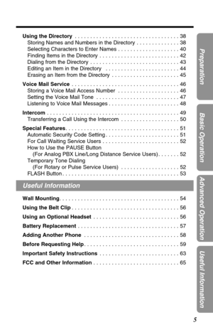 Page 55
Preparation
Basic Operation
Advanced Operation
Useful Information
Using the Directory. . . . . . . . . . . . . . . . . . . . . . . . . . . . . . . . . . 38
Storing Names and Numbers in the Directory . . . . . . . . . . . . . . 38
Selecting Characters to Enter Names . . . . . . . . . . . . . . . . . . . . 40
Finding Items in the Directory  . . . . . . . . . . . . . . . . . . . . . . . . . . 42
Dialing from the Directory  . . . . . . . . . . . . . . . . . . . . . . . . . . . . . 43
Editing an Item in the...