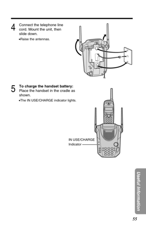 Page 5555
Useful Information
4
Connect the telephone line
cord. Mount the unit, then
slide down.
•Raise the antennas.
5
To charge the handset battery:
Place the handset in the cradle as
shown.
•The IN USE/CHARGE indicator lights.
IN USE/CHARGE
Indicator 