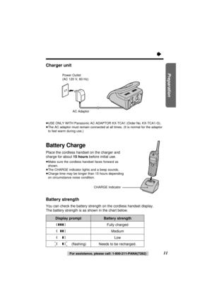 Page 11Charger unit
≥USE ONLY WITH Panasonic AC ADAPTOR KX-TCA1 (Order No. KX-TCA1-G).
≥The AC adaptor must remain connected at all times. (It is normal for the adaptor
to feel warm during use.)
Battery Charge
Place the cordless handset on the charger and
charge for about 15 hoursbefore initial use.
≥Make sure the cordless handset faces forward as
shown.
≥The CHARGE indicator lights and a beep sounds.
≥Charge time may be longer than 15 hours depending 
on circumstance noise condition.
Battery strength
You can...