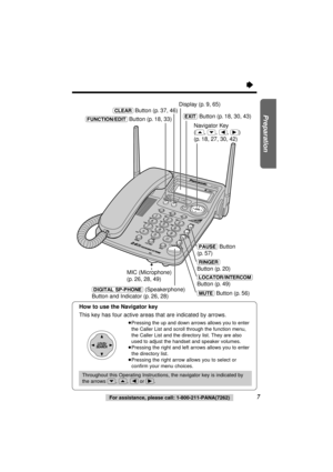 Page 7“
7For assistance, please call: 1-800-211-PANA(7262)
Preparation
123
45
6
78
09
KX-TG2564
(FUNCTION/EDIT) Button (p. 18, 33)
(CLEAR) Button (p. 37, 46)Display (p. 9, 65)
(EXIT) Button (p. 18, 30, 43)
Navigator Key 
(
(‹), (›), (ﬁ), (ﬂ)) 
(p. 18, 27, 30, 42)
(PAUSE) Button 
(p. 57)
(RINGER) 
Button (p. 20)
(LOCATOR/INTERCOM) 
Button (p. 49)
(MUTE) Button (p. 56) MIC (Microphone) 
(p. 26, 28, 49)(DIGITAL\SP-PHONE) (Speakerphone)
Button and Indicator (p. 26, 28)
How to use the Navigator key
This key has...