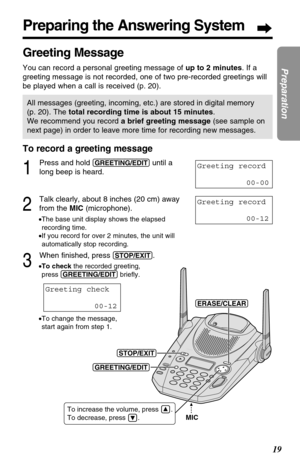 Page 1919
Preparation
Preparing the Answering System
Greeting Message
You can record a personal greeting message of up to 2 minutes. If a
greeting message is not recorded, one of two pre-recorded greetings will
be played when a call is received (p. 20).
All messages (greeting, incoming, etc.) are stored in digital memory 
(p. 20). Thetotal recording time is about 15 minutes. 
We recommend you record a brief greeting message(see sample on
next page) in order to leave more time for recording new messages.
To...