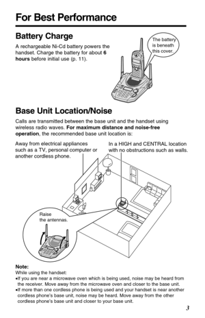 Page 3For Best Performance
3
Battery Charge
A rechargeable Ni-Cd battery powers the
handset. Charge the battery for about 6
hoursbefore initial use (p. 11).
Base Unit Location/Noise
Calls are transmitted between the base unit and the handset using
wireless radio waves. For maximum distance and noise-free
operation, the recommended base unit location is:
Note:
While using the handset:
•If you are near a microwave oven which is being used, noise may be heard from
the receiver. Move away from the microwave oven...