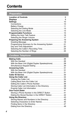 Page 4Preparation
Location of Controls. . . . . . . . . . . . . . . . . . . . . . . . . . . . . . . . .  6
Displays. . . . . . . . . . . . . . . . . . . . . . . . . . . . . . . . . . . . . . . . . . .  9
Settings. . . . . . . . . . . . . . . . . . . . . . . . . . . . . . . . . . . . . . . . . . . . 10
Connections . . . . . . . . . . . . . . . . . . . . . . . . . . . . . . . . . . . . . . . 10
Battery Charge . . . . . . . . . . . . . . . . . . . . . . . . . . . . . . . . . . . . . 11
Selecting the Dialing Mode...
