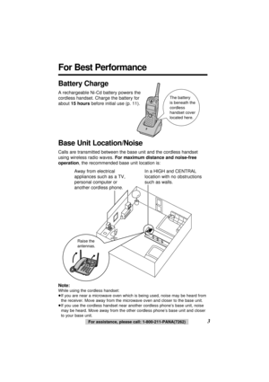 Page 3For assistance, please call: 1-800-211-PANA(7262)
For Best Performance
3
Battery Charge
A rechargeable Ni-Cd battery powers the
cordless handset. Charge the battery for
about 15 hoursbefore initial use (p. 11).
Raise the 
antennas.
Away from electrical 
appliances such as a TV,
personal computer or
another cordless phone.In a HIGH and CENTRAL
location with no obstructions
such as walls.
Base Unit Location/Noise
Calls are transmitted between the base unit and the cordless handset
using wireless radio...