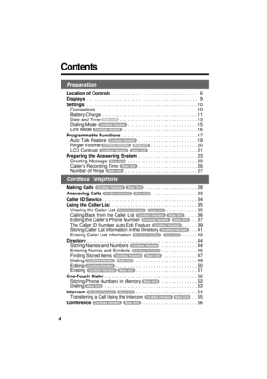 Page 4Preparation
Location of Controls. . . . . . . . . . . . . . . . . . . . . . . . . . . . . . . . .  6
Displays. . . . . . . . . . . . . . . . . . . . . . . . . . . . . . . . . . . . . . . . . . .  9
Settings. . . . . . . . . . . . . . . . . . . . . . . . . . . . . . . . . . . . . . . . . . . . 10
Connections . . . . . . . . . . . . . . . . . . . . . . . . . . . . . . . . . . . . . . . 10
Battery Charge . . . . . . . . . . . . . . . . . . . . . . . . . . . . . . . . . . . . . 11
Date and Time 
(Base\Unit)....