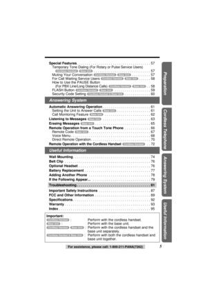 Page 55For assistance, please call: 1-800-211-PANA(7262)
Preparation
Cordless Telephone
Answering System
Useful Information
Special Features. . . . . . . . . . . . . . . . . . . . . . . . . . . . . . . . . . . . . 57
Temporary Tone Dialing (For Rotary or Pulse Service Users)
(Cordless\Handset) (Base\Unit). . . . . . . . . . . . . . . . . . . . . . . . . . . . . . 57
Muting Your Conversation 
(Cordless\Handset) (Base\Unit). . . . . . . . . . 57
For Call Waiting Service Users 
(Cordless\Handset) (Base\Unit). . ....