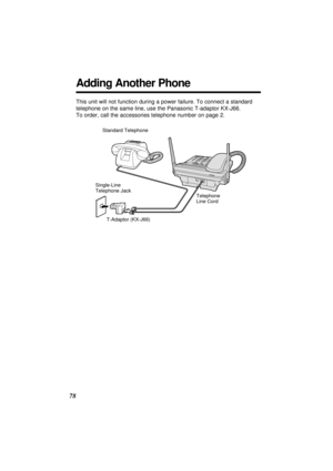 Page 7878
Adding Another Phone
This unit will not function during a power failure. To connect a standard
telephone on the same line, use the Panasonic T-adaptor KX-J66.
To order, call the accessories telephone number on page 2.
T-Adaptor (KX-J66) Single-Line 
Telephone JackStandard Telephone
Telephone 
Line Cord 