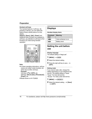 Page 16Preparation
16For assistance, please visit http://www.panasonic.com/phonehelp
Handset soft keys
The handset features 2 soft keys. By 
pressing a soft key, you can select the 
feature shown directly above it on the 
display.
{Select}, {Save}, {OK}, {Flash} and 
additional other functions are assigned to 
soft keys, pay attention to soft keys to find 
functions you need during handset 
operation.
Note:
LIn these operating instructions, soft key 
names are written inside brackets, the 
same way as other...