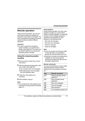 Page 37Answering System
For assistance, please visit http://www.panasonic.com/phonehelp37
Remote operation
Using a touch tone phone, you can call 
your phone number from outside and 
access the unit to listen to messages. The 
unit’s voice guidance prompts you to press 
certain dial keys to perform different 
operations.
Important:
LIn order to operate the answering 
system remotely, you must first set a 
remote code (page 38). This code must 
be entered each time you operate the 
answering system remotely....