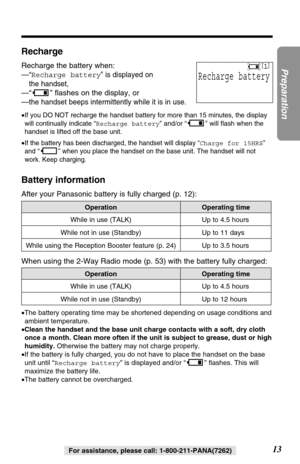 Page 1313
Preparation
For assistance, please call: 1-800-211-PANA(7262)
Recharge
Recharge the battery when:
—
“Recharge battery” is displayed on 
the handset,
—“ ” flashes on the display, or
—
the handset beeps intermittently while it is in use.
•If you DO NOT recharge the handset battery for more than 15 minutes, the display
will continually indicate “Recharge battery” and/or “” will flash when the
handset is lifted off the base unit.
•If the battery has been discharged, the handset will display “Charge for...