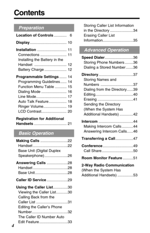 Page 4Contents
4
Preparation
Location of Controls............ 6
Display................................... 10
Installation............................ 11
Connections ......................... 11
Installing the Battery in the
Handset 
....................................12
Battery Charge ..................... 12
Programmable Settings....... 14
Programming Guidelines ...... 14
Function Menu Table ........... 15
Dialing Mode ........................ 16
Line Mode............................. 17
Auto Talk...