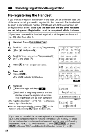 Page 6868
Re-registering the Handset
If you want to re-register the handset to the base unit or a different base unit
of the same model, you need to register it to that base unit. The handset will
be given a new extension number of that base unit. Only one handset can
be registered at a time. Make sure the base unit and the other handsets
are not being used. 
Registration must be completed within 1 minute.
1
Handset:Press (CONF/FUNCTION). 
2
Scroll to “Initial setting” by pressing
Öor Ñ, and press á.
3
Scroll...