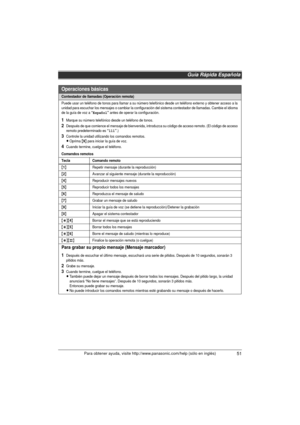 Page 51Guía Rápida Española
51Para obtener ayuda, visite http://www.panasonic.com/help (sólo en inglés)
Operaciones básicas
Contestador de llamadas (Operación remota)
Puede usar un teléfono de tonos para llamar a su número telefónico desde un teléfono externo y obtener acceso a la 
unidad para escuchar los mensajes o cambiar la configuración del sistema contestador de llamadas. Cambie el idioma 
de la guía de voz a 
“Español” antes de operar la configuración.
1Marque su número telefónico desde un teléfono de...