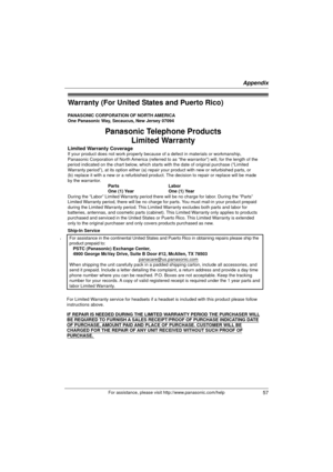 Page 57Appendix
57For assistance, please visit http://www.panasonic.com/help
Warranty (For United States and Puerto Rico)
PANASONIC CORPORATION OF NORTH AMERICA 
One Panasonic Way, Secaucus, New Jersey 07094
Limited Warranty CoverageIf your product does not work properly because of a defect in materials \
or workmanship, 
Panasonic Corporation of North America (referred to as “the warrantor”) will, for the length of\
 the 
period indicated on the chart below, which starts with the date of original purchase...