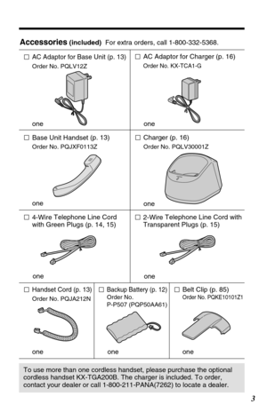 Page 33
Accessories(included)  For extra orders, call 1-800-332-5368.
AC Adaptor for Base Unit (p. 13)
Order No. PQLV12Z
oneAC Adaptor for Charger (p. 16)
Order No. KX-TCA1-G
one
one
Base Unit Handset(p. 13)
Order No. PQJXF0113Z
one one
Backup Battery (p. 12)
Order No. 
P-P507 (PQP50AA61)
4-Wire Telephone Line Cord
with Green Plugs (p. 14, 15)
one
Handset Cord (p. 13) 
Order No. PQJA212N
Charger (p. 16)
Order No. PQLV30001Z
Belt Clip (p. 85) 
Order No. PQKE10101Z1
one
one
2-Wire Telephone Line Cord with...