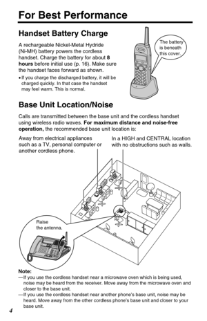 Page 44
For Best Performance
Handset Battery Charge
A rechargeable Nickel-Metal Hydride 
(Ni-MH) battery powers the cordless
handset. Charge the battery for about 8
hoursbefore initial use (p. 16). Make sure
the handset faces forward as shown.
•If you charge the discharged battery, it will be
charged quickly. In that case the handset
may feel warm. This is normal.
Base Unit Location/Noise
Calls are transmitted between the base unit and the cordless handset
using wireless radio waves. For maximum distance and...