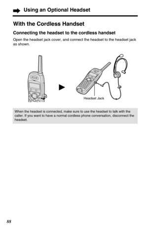 Page 8888
Using an Optional Headset
Headset Jack
When the headset is connected, make sure to use the headset to talk with the
caller. If you want to have a normal cordless phone conversation, disconnect the
headset.
With the Cordless Handset
Connecting the headset to the cordless handset
Open the headset jack cover, and connect the headset to the headset jack
as shown. 