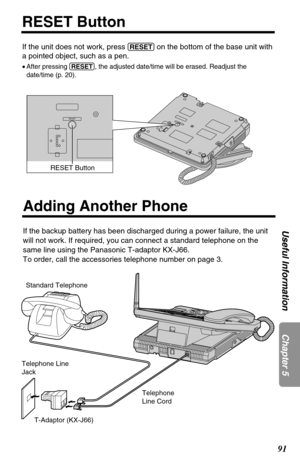 Page 9191
RESET Button
Chapter 5 Useful Information
If the unit does not work, press (RESET)on the bottom of the base unit with
a pointed object, such as a pen.
•After pressing (RESET), the adjusted date/time will be erased. Readjust the
date/time (p. 20).
RESETR
ES
ET
RESET Button
Adding Another Phone
If the backup battery has been discharged during a power failure, the unit
will not work. If required, you can connect a standard telephone on the
same line using the Panasonic T-adaptor KX-J66.
To order, call...