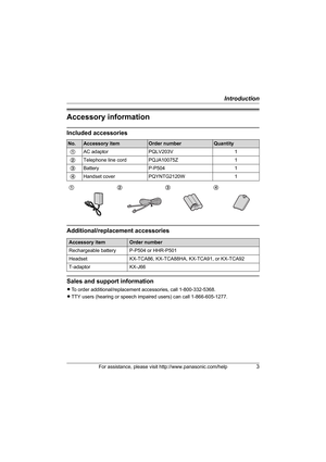 Page 3Introduction
For assistance, please visit http://www.panasonic.com/help3
Accessory information
Included accessories
Additional/replacement accessories
Sales and support information
LTo order additional/replacement accessories, call 1-800-332-5368.
L TTY users (hearing or speech impaired users) can call 1-866-605-1277.
No.Accessory itemOrder numberQuantity
1 AC adaptor PQLV203V 1
2 Telephone line cord PQJA10075Z 1
3 Battery P-P504 1
4 Handset cover PQYNTG2120W 1
1234
Accessory itemOrder number...