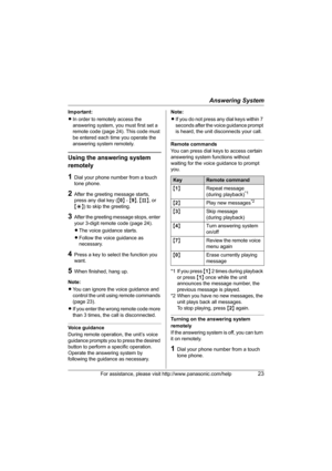 Page 23Answering System
For assistance, please visit http://www.panasonic.com/help23
Important:
LIn order to remotely access the 
answering system, you must first set a 
remote code (page 24). This code must 
be entered each time you operate the 
answering system remotely.
Using the answering system 
remotely
1Dial your phone number from a touch 
tone phone.
2After the greeting message starts, 
press any dial key ( {0 } -  {9 },  {#} , or 
{*} ) to skip the greeting.
3After the greeting message stops, enter...