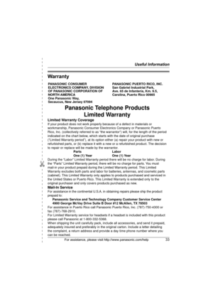 Page 33Useful Information
✄
For assistance, please visit http://www.panasonic.com/help33
Warranty
PANASONIC CONSUMER 
ELECTRONICS COMPANY, DIVISION 
OF PANASONIC CORPORATION OF 
NORTH AMERICA 
One Panasonic Way, 
Secaucus, New Jersey 07094PANASONIC PUERTO RICO, INC.
San Gabriel Industrial Park, 
Ave. 65 de Infantería, Km. 9.5,
Carolina, Puerto Rico 00985
Panasonic Telephone Products
Limited Warranty
Limited Warranty Coverage
If your product does not work properly because of a defect in materials \
or...