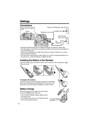 Page 8 
8 
Settings 
Connections 
• USE ONLY WITH Panasonic AC ADAPTOR PQLV19 (Order No. PQLV19Z).
• The AC adaptor must remain connected at all times. (It is normal for the adaptor to 
feel warm during use.)
• If your unit is connected to a PBX which does not support Caller ID, you cannot 
access Caller ID services.
• The unit will not work during a power failure. To connect a standard telephone on 
the same line, use the Panasonic T-adaptor KX-J66. 
Installing the Battery in the Handset 
Insert the battery (...