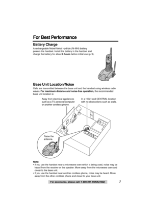 Page 3 
3 
For assistance, please call: 1-800-211-PANA(7262) 
For Best Performance 
Battery Charge 
A rechargeable Nickel-Metal Hydride (Ni-MH) battery 
powers the handset. Install the battery in the handset and 
charge the battery for about  
6 hours 
 before initial use (p. 9). 
Base Unit Location/Noise 
Calls are transmitted between the base unit and the handset using wireless radio 
waves.  
For maximum distance and noise-free operation, 
 the recommended 
base unit location is:  
  
Note: 
• If you use...