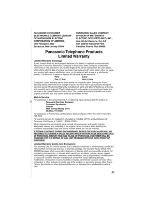 Page 53 
✄
 
53 
PANASONIC CONSUMER 
ELECTRONICS COMPANY, DIVISION 
OF MATSUSHITA ELECTRIC 
CORPORATION OF AMERICA 
One Panasonic Way 
Secaucus, New Jersey 07094PANASONIC SALES COMPANY, 
DIVISION OF MATSUSHITA 
ELECTRIC OF PUERTO RICO, INC., 
Ave. 65 de Infanteria, Km. 9.5 
San Gabriel Industrial Park 
Carolina, Puerto Rico 00985  
Panasonic Telephone  Products
Limited Warranty 
Limited Warranty  Coverage 
If your product does not work properly because of a defect in materials or workmanship, 
Panasonic...