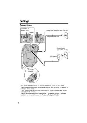 Page 8 
8 
Settings 
Connections 
• USE ONLY WITH Panasonic AC ADAPTOR PQLV19 (Order No. PQLV19Z).
• The AC adaptor must remain connected at all times. (It is normal for the adaptor to 
feel warm during use.)
• If your unit is connected to a PBX which does not support Caller ID, you cannot 
access Caller ID services.
• The unit will not work during a power failure. If you want to connect a standard 
telephone on the same line, use the Panasonic T-adaptor KX-J66.
Fasten the AC 
adaptor cord.
HooksSingle-Line...