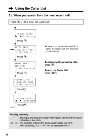 Page 2828Ex. When you search from the most recent call:
SMITH,JACK 
1-222-333-4444
3:10P JUN10 
Press Öor Ñto enter the Caller List.
Press Ö.
Press 
Ö.
Press 
Ö.
Press 
Ö.
Press 
Ö.To return to the previous caller,
press 
Ñ.
To exit the Caller List,
press 
(OFF).
•If there is no name information for a
caller, the display will only show the
phone number.
2 new calls
GF H=Directory
BROWN,NANCY 
222-3333
1:54P JUN 9 
✕3
TURNER,CINDY 
1-234-456-7890
10:38A JUN 9 √
0 new call
GF H=Directory
Display meaning:
√: You...