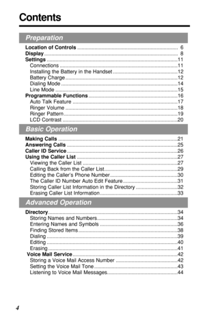 Page 4Contents
4
Preparation
Location of Controls...................................................................... 6
Display............................................................................................. 8
Settings...........................................................................................11
Connections ..................................................................................11
Installing the Battery in the Handset .............................................12...