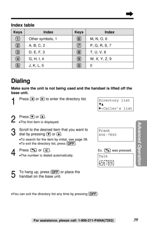 Page 3939For assistance, please call: 1-800-211-PANA(7262)
1
Press Üor áto enter the directory list.
2
Press Öor Ñ.
•The ﬁrst item is displayed.
3
Scroll to the desired item that you want to
dial by pressing 
Öor Ñ.
•To search for the item by initial, see page 38.
•To exit the directory list, press (OFF).
4
Press or .
•The number is dialed automatically.
5
To hang up, press (OFF)or place the
handset on the base unit.
•You can exit the directory list any time by pressing (OFF).
Directory list
GF
H
=Caller’s...