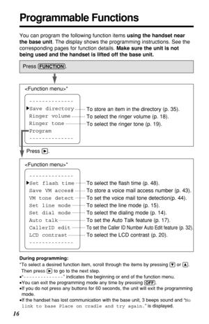 Page 1616
Programmable Functions
You can program the following function items using the handset near
the base unit. The display shows the programming instructions. See the
corresponding pages for function details. Make sure the unit is not
being used and the handset is lifted off the base unit.
During programming:
*To select a desired function item, scroll through the items by pressing 
Öor Ñ.
Then press
áto go to the next step.
•“--------------”indicates the beginning or end of the function menu
.
•You can...