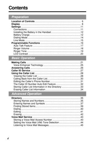 Page 4Contents
4
Preparation
Location of Controls...................................................................... 6
Display............................................................................................. 8
Settings...........................................................................................11
Connections ..................................................................................11
Installing the Battery in the Handset .............................................12...