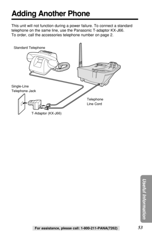 Page 5353
Useful Information
For assistance, please call: 1-800-211-PANA(7262)
Adding Another Phone
This unit will not function during a power failure. To connect a standard
telephone on the same line, use the Panasonic T-adaptor KX-J66.
To order, call the accessories telephone number on page 2.
Standard Telephone
Single-Line
Telephone Jack
T-Adaptor (KX-J66)Telephone
Line Cord 