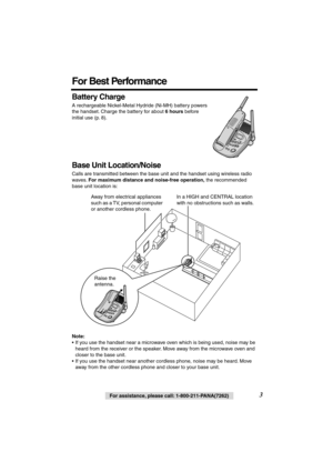 Page 3 
3 
For assistance, please call: 1-800-211-PANA(7262) 
For Best Performance 
Battery Charge 
A rechargeable Nickel-Metal Hydride (Ni-MH) battery powers 
the handset. Charge the battery for about  
6 hours 
 before 
initial use (p. 8). 
Base Unit Location/Noise 
Calls are transmitted between the base unit and the handset using wireless radio 
waves.  
For maximum distance and noise-free operation, 
 the recommended 
base unit location is:  
  
Note: 
• If you use the handset near a microwave oven which...