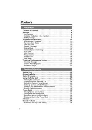 Page 4 
4 
Contents 
Location of Controls   . . . . . . . . . . . . . . . . . . . . . . . . . . . . . . . . . . . . .  6
Settings  . . . . . . . . . . . . . . . . . . . . . . . . . . . . . . . . . . . . . . . . . . . . . . . .  8  
Connections   . . . . . . . . . . . . . . . . . . . . . . . . . . . . . . . . . . . . . . . . . . .  8
Installing the Battery in the Handset  . . . . . . . . . . . . . . . . . . . . . . . . .  8
Battery Charge  . . . . . . . . . . . . . . . . . . . . . . . . . . . . . . . . . . . ....