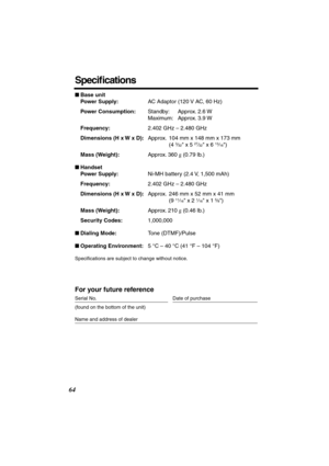 Page 64 
64 
Speciﬁcations 
 
Base unit
Power Supply: 
AC Adaptor (120 V AC, 60 Hz) 
Power Consumption: 
Standby: Approx. 2.6 W
Maximum: Approx. 3.9 W 
Frequency: 
2.402 GHz – 2.480 GHz 
Dimensions (H x W x D): 
Approx. 104 mm x 148 mm x 173 mm
(4  
3 
⁄ 
32 
 x 5  
27 
⁄ 
32 
 x 6  
13 
⁄ 
16 
) 
Mass (Weight): 
Approx. 360  
g 
 (0.79 lb.) 
 
Handset
Power Supply: 
Ni-MH battery (2.4 V, 1,500 mAh) 
Frequency: 
2.402 GHz – 2.480 GHz 
Dimensions (H x W x D): 
Approx. 246 mm x 52 mm x 41 mm
(9  
11 
⁄ 
16 
 x...