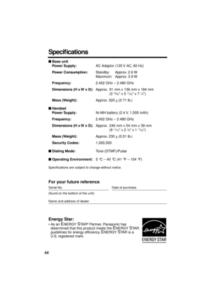 Page 66 
66 
Speciﬁcations 
 
Base unit
Power Supply: 
AC Adaptor (120 V AC, 60 Hz) 
Power Consumption: 
Standby: Approx. 2.6 W
Maximum: Approx. 3.9 W 
Frequency: 
2.402 GHz – 2.480 GHz 
Dimensions (H x W x D): 
Approx. 91 mm x 136 mm x 184 mm
(3  
19 
⁄ 
32 
 x 5  
11 
⁄ 
32 
 x 7  
1 
⁄ 
4 
) 
Mass (Weight): 
Approx. 320  
g 
 (0.71 lb.) 
 
Handset
Power Supply: 
Ni-MH battery (2.4 V, 1,500 mAh) 
Frequency: 
2.402 GHz – 2.480 GHz 
Dimensions (H x W x D): 
Approx. 246 mm x 54 mm x 39 mm
(9  
11 
⁄ 
16 
 x 2...