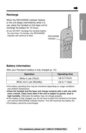 Page 11Recharge
When the RECHARGE indicator ﬂashes
or the unit beeps intermittently while it is
use, place the handset on the base unit to
recharge the battery for 15 hours.
•If you DO NOT recharge the handset battery
for more than 15 minutes, the RECHARGE
indicator will continue to ﬂash.
11
Preparation
For assistance, please call: 1-800-211-PANA(7262)
Up to 11 days
OperationOperating time
While in use (TALK)Up to 5 hours
While not in use (Standby)
•The battery operating time may be shortened depending on usage...