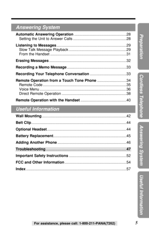 Page 5Answering System
Automatic Answering Operation..................................................28
Setting the Unit to Answer Calls ...................................................28
Listening to Messages...................................................................29
Slow Talk Message Playback .......................................................29
From the Handset .........................................................................31
Erasing...