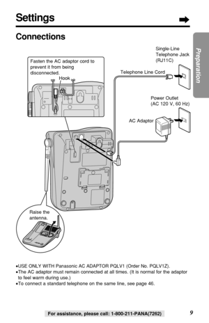 Page 99
Preparation
For assistance, please call: 1-800-211-PANA(7262)
Settings
Connections
•USE ONLY WITH Panasonic AC ADAPTOR PQLV1 (Order No. PQLV1Z).
•The AC adaptor must remain connected at all times. (It is normal for the adaptor
to feel warm during use.)
•To connect a standard telephone on the same line, see page 46.
Single-Line
Telephone Jack
(RJ11C)
Telephone Line Cord
AC Adaptor
Raise the
antenna.Fasten the AC adaptor cord to
prevent it from being
disconnected.
Power Outlet 
(AC 120 V, 60 Hz) Hook 