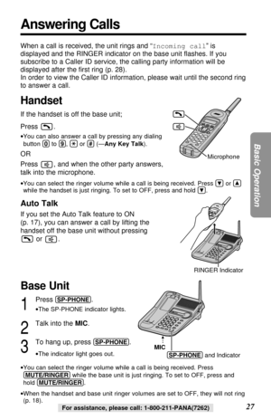 Page 27Base Unit
1
Press (SP-PHONE).
•The SP-PHONE indicator lights.
2
Talk into the MIC.
3
To hang up, press (SP-PHONE).
•The indicator light goes out.
•You can select the ringer volume while a call is being received. Press
(MUTE/RINGER)while the base unit is just ringing. To set to OFF, press and
hold (MUTE/RINGER).
•When the handset and base unit ringer volumes are set to OFF, they will not ring
(p. 18).
When a call is received, the unit rings and “Incoming call” is
displayed and the RINGER indicator on the...