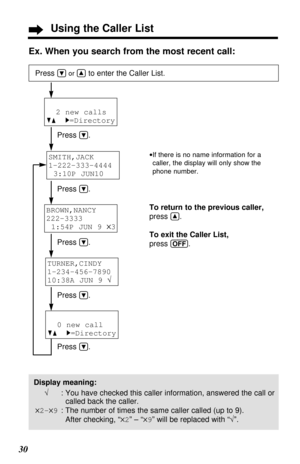 Page 3030Ex. When you search from the most recent call:
SMITH,JACK 
1-222-333-4444
3:10P JUN10 
Press Öor Ñto enter the Caller List.
Press Ö.
Press 
Ö.
Press 
Ö.
Press 
Ö.
Press 
Ö.To return to the previous caller,
press 
Ñ.
To exit the Caller List,
press 
(OFF).
•If there is no name information for a
caller, the display will only show the
phone number.
2 new calls
GF H=Directory
BROWN,NANCY 
222-3333
1:54P JUN 9 
✕3
TURNER,CINDY 
1-234-456-7890
10:38A JUN 9 √
0 new call
GF H=Directory
Display meaning:
√: You...