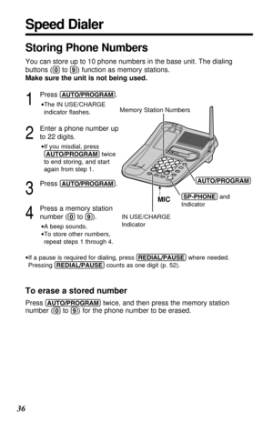 Page 3636
Speed Dialer
Storing Phone Numbers
You can store up to 10 phone numbers in the base unit. The dialing
buttons (
(0)to (9)) function as memory stations.
Make sure the unit is not being used.
1
Press (AUTO/PROGRAM).
•The IN USE/CHARGE
indicator ﬂashes.
2
Enter a phone number up
to 22 digits.
•If you misdial, press
(AUTO/PROGRAM)twice 
to end storing, and start
again from step 1.
3
Press (AUTO/PROGRAM).
4
Press a memory station
number (
(0)to (9)).
•A beep sounds.
•To store other numbers,
repeat steps 1...