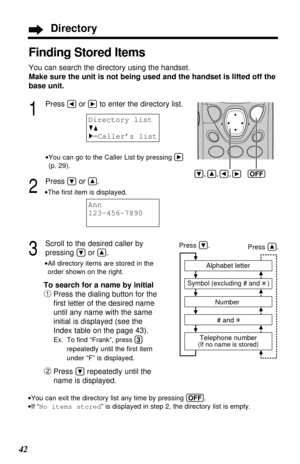 Page 4242
Finding Stored Items
You can search the directory using the handset.
Make sure the unit is not being used and the handset is lifted off the
base unit.
1
Press Üor áto enter the directory list.
•You can go to the Caller List by pressing á
(p. 29).
2
Press Öor Ñ.
•The ﬁrst item is displayed.
3
Scroll to the desired caller by 
pressing 
Öor Ñ..
•All directory items are stored in the
order shown on the right.Alphabet letter
Symbol (excluding # and # )
Telephone number(If no name is stored)
Number
# and #...