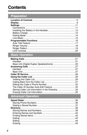 Page 4Contents
4
Preparation
Location of Controls...................................................................... 6
Display............................................................................................. 8
Settings...........................................................................................11
Connections ..................................................................................11
Installing the Battery in the Handset .............................................12...