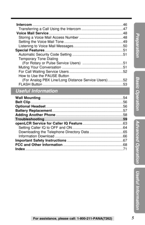 Page 55
Preparation
Cordless Telephone
Answering System
Useful Information
For assistance, please call: 1-800-211-PANA(7262)
Intercom.........................................................................................46
Transferring a Call Using the Intercom .........................................47
Voice Mail Service.........................................................................48
Storing a Voice Mail Access Number ...........................................48
Setting the Voice Mail Tone...