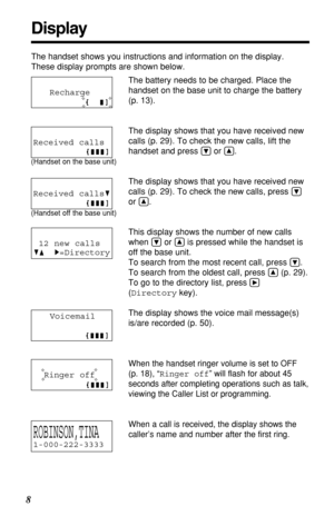 Page 8Recharge 
8
Display
The handset shows you instructions and information on the display.
These display prompts are shown below.
The battery needs to be charged. Place the
handset on the base unit to charge the battery 
(p. 13).
The display shows that you have received new
calls (p. 29). To check the new calls, lift the
handset and press 
Öor Ñ.
The display shows that you have received new
calls (p. 29). To check the new calls, press 
Ö
or Ñ.
This display shows the number of new calls
when 
Öor Ñis pressed...